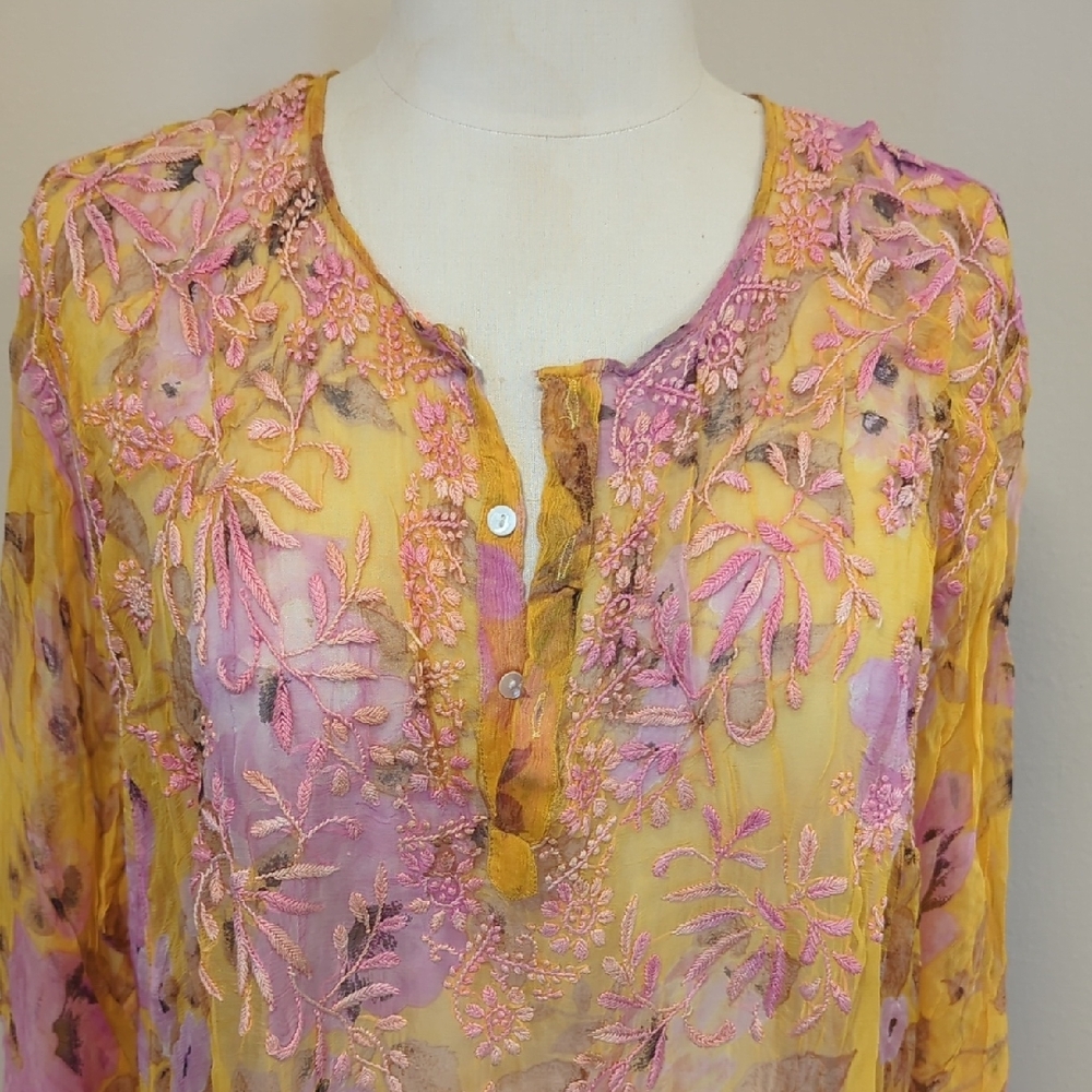 Floral Embroidered Yellow and Pink Women's Top